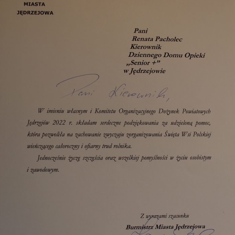Podziękowanie od Burmistrza Miasta Jędrzejowa
